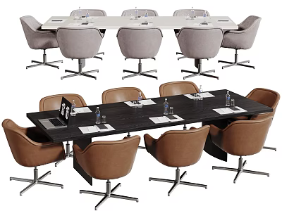 Modern Conference Table with Brown Leather Chairs and Water Bottles Notebooks On Top 3d model