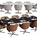 Modern Conference Table with Brown Leather Chairs and Water Bottles Notebooks On Top
