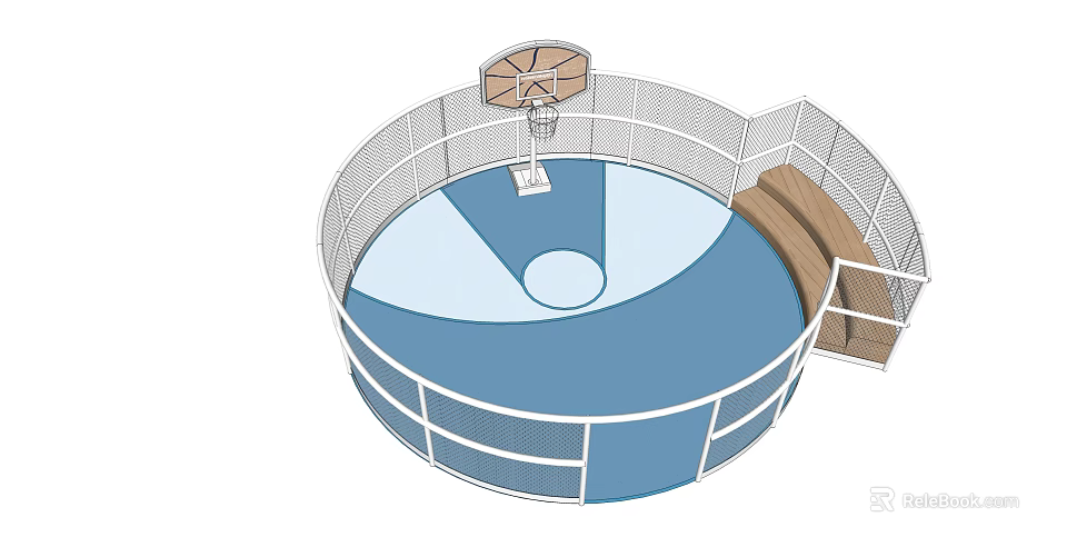 Circular Indoor Basketball Court with Basketball Hoop White Fencing Blue Flooring and Wooden Bleachers 3d model 