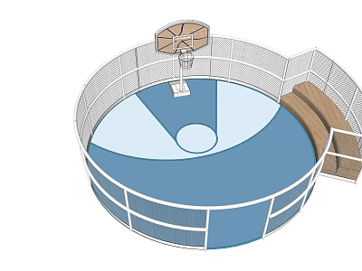 Circular Indoor Basketball Court with Basketball Hoop White Fencing Blue Flooring and Wooden Bleachers 3d model