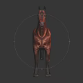 Detailed Red Horse Statue With Glossy Surface Standing On Reflective Black Floor