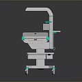White And Teal Mobile Medical Cart With Display Screen And Shelves On Wheels