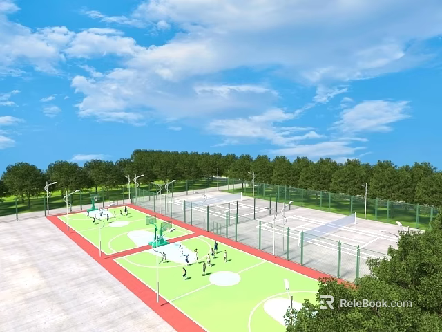Outdoor Sports Facility With Basketball Courts Green Surfaces Fences Trees And Blue Sky 3d model 