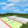 Outdoor Sports Facility With Basketball Courts Green Surfaces Fences Trees And Blue Sky