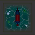 Small Boat With Red Roof And Flags Sailing On Water Surface With Lily Pads And Stones