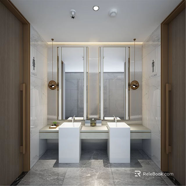 Public Restroom Modern Interior With Double Sinks Large Mirrors Lighting Fixtures And Light Tiled Walls 3d model 