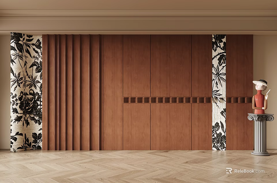Modern Interior Wall Design With Brown Wooden Panels Black Floral Decorations And Light Herringbone Floor 3d model 
