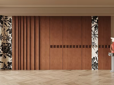 Modern Interior Wall Design With Brown Wooden Panels Black Floral Decorations And Light Herringbone Floor 3d model