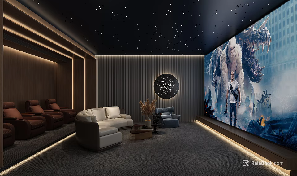 Modern Home Theater Design With Starry Ceiling Large Screen And Comfortable Seating 3d model