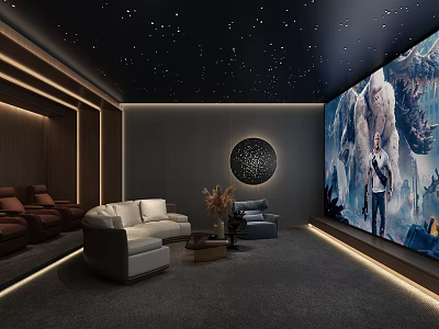 Modern Home Theater Design With Starry Ceiling Large Screen And Comfortable Seating 3d model