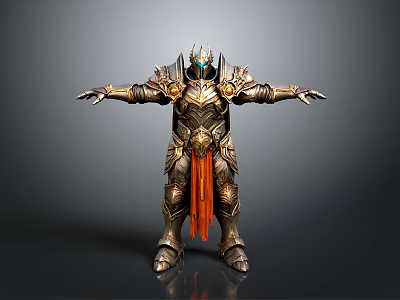 Mythical Warrior In Ornate Golden Armor With Orange Cape And Helmet 3d model