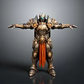 Mythical Warrior In Ornate Golden Armor With Orange Cape And Helmet