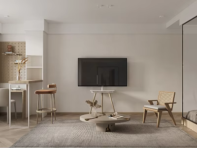 Modern Apartment Living Room With TV Wooden Coffee Table Accent Chairs And Area Rug 3d model