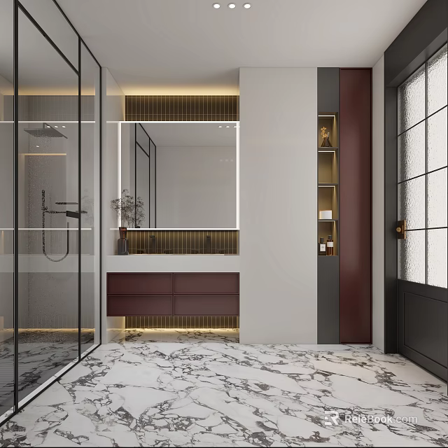 Modern Bathroom Interior Design With Glass Shower Enclosure Marble Floor And Large Mirror 3d model 