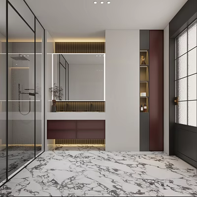 Modern Bathroom Interior Design With Glass Shower Enclosure Marble Floor And Large Mirror 3d model