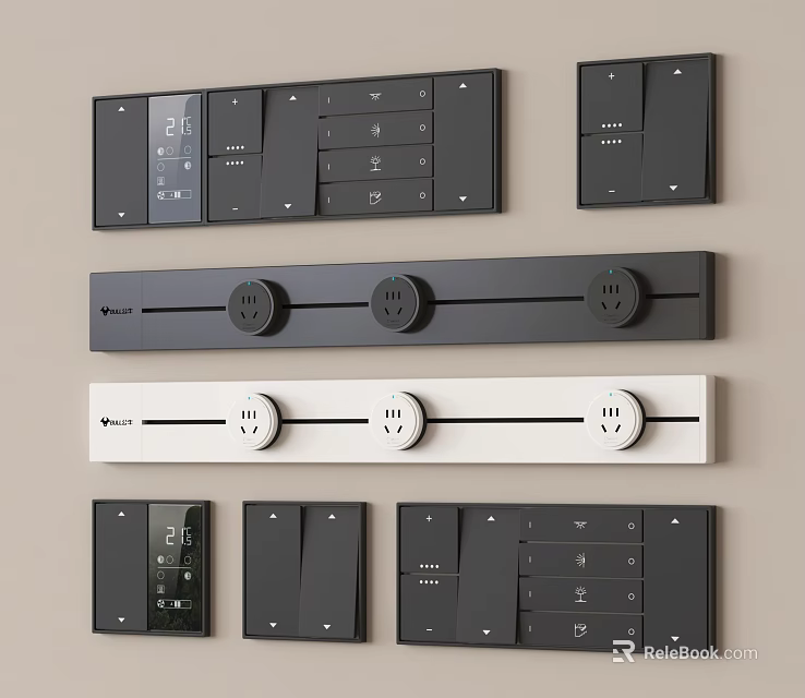 Modern Black and White Switch Panels Featuring Knob and Button Designs in Multiple Layouts 3d model 