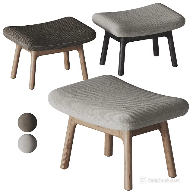 Modern Gray And Dark Gray Ottoman Stools With Wooden Legs Upholstered Seats 3d model 