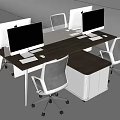 Modern Office Desk With Wooden Surface Multiple Computer Monitors And Office Chairs 3d model