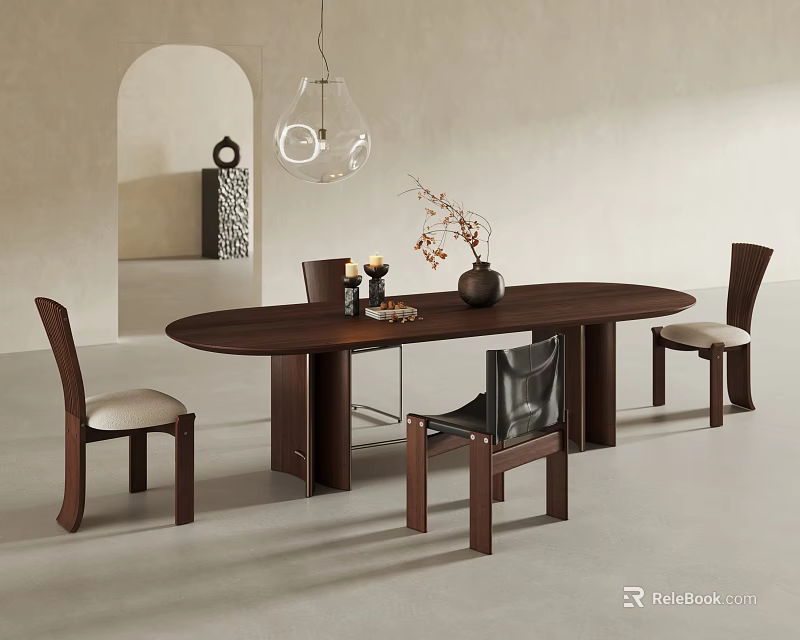 Oval Dark Wood Dining Table Set With Four Chairs Decorative Vase And Pendant Light 3d model 