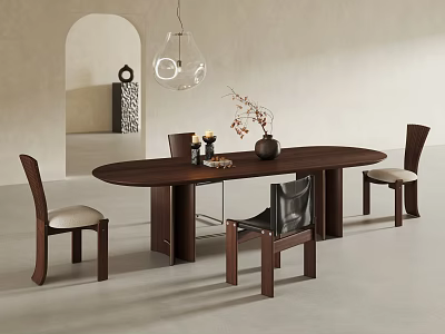 Oval Dark Wood Dining Table Set With Four Chairs Decorative Vase And Pendant Light 3d model