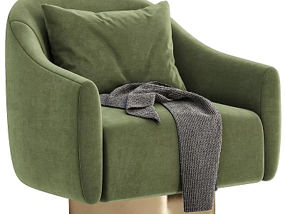 Green Velvet Single Sofa with Matching Pillow and Gray Knitted Blanket on Gold Metal Legs 3d model
