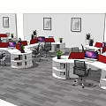 Curved Office Desk With Red Partitions Drawers Shelves For Collaborative Workspace 3d model