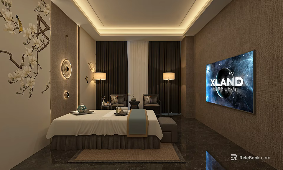 Modern SPA Sauna Interior Design With Treatment Bed Comfortable Sofa TV Screen And Decorative Elements 3d model