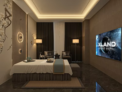 Modern SPA Sauna Interior Design With Treatment Bed Comfortable Sofa TV Screen And Decorative Elements 3d model