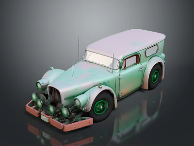 Vintage Retro Car With Light Green Body Pink Roof Green Wheels And Round Headlights 3d model