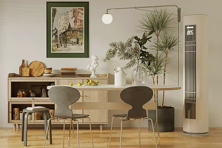 Log Style Home Restaurant Open Restaurant Log Style Sideboard Solid Wood Dining Table Chair Dining Table Ornaments Bookshelf Dining Table Flower Art 3d model