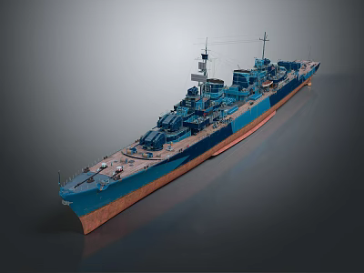 Battleship Model In Blue And Orange With Multiple Deck Cannons And Detailed Realistic Design 3d model