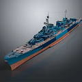 Battleship Model In Blue And Orange With Multiple Deck Cannons And Detailed Realistic Design