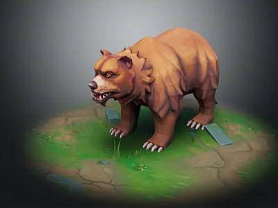 Brown Bear 3D Model Standing on Green Grass with Stones and Sharp Teeth 3d model