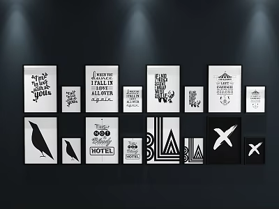 Black and White Framed Wall Artworks With Various Typography And Graphic Designs 3d model