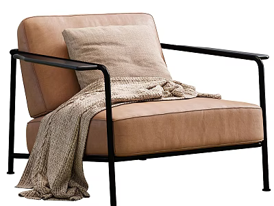 Modern Minimalist Beige Leather Single Sofa With Cushion And Knitted Blanket On Black Metal Frame 3d model