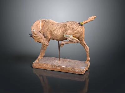 Terracotta Animal Sculpture With Lifted Leg On Square Base And Metal Stand 3d model