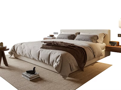 Double Bed with Light Gray Quilt Brown Blanket Bedside Table Table Lamp Rug and Books 3d model