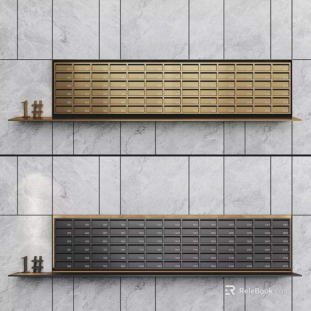 Public Facility Wall Mounted Golden And Black Mailboxes With Row Arrangement In Residential Tile Wall 3d model 