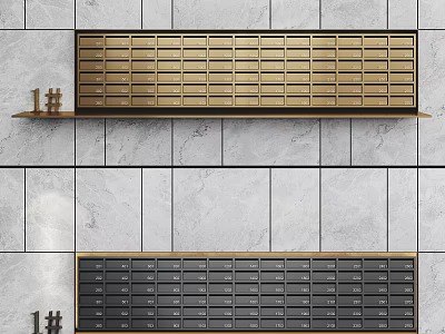 Public Facility Wall Mounted Golden And Black Mailboxes With Row Arrangement In Residential Tile Wall 3d model