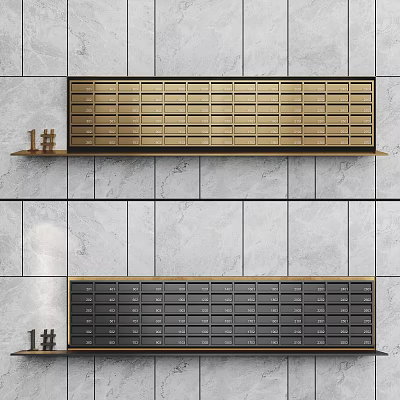 Public Facility Wall Mounted Golden And Black Mailboxes With Row Arrangement In Residential Tile Wall 3d model