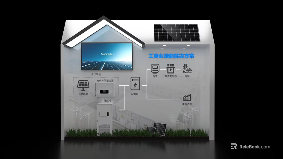 Industrial Photovoltaic Energy Storage Solutions Exhibition Island with Display Screens and Solar Panels 3d model 