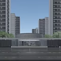 Modern Entrance Gate Design With High Rise Buildings Surrounding Trees And Lighting