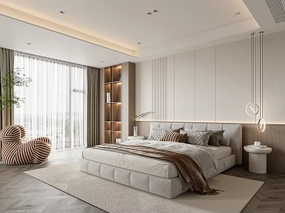 Modern Bedroom Interior With Large Bed Bedhead Wall Circular Pendant Light And Striped Chair 3d model