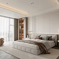 Modern Bedroom Interior With Large Bed Bedhead Wall Circular Pendant Light And Striped Chair