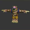 Cartoon Bear With Brown Fur Blue Vest Yellow Shorts Arms Outstretched Standing On Reflective Surface