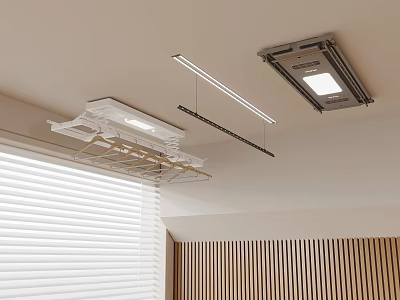 Retractable Clothes Hanger With LED Light In Room With White Blinds And Wooden Panel Wall 3d model