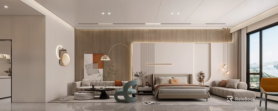 Modern Apartment Interior Design With Comfortable Bed Sofa Decorative Lamp And Green Plant 3d model 