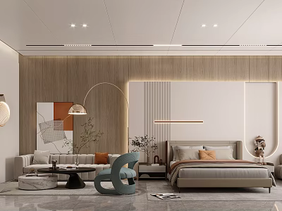 Modern Apartment Interior Design With Comfortable Bed Sofa Decorative Lamp And Green Plant 3d model