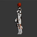 Red Haired Character In White Black And Orange Bodysuit Holding Device On Dark Background