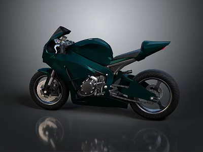 Modern Dark Green Motorcycle with Sleek Body Black Seat Metallic Components and Gray Floor Reflection 3d model